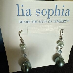 Lia Sophia Silver & Teal Dangle Earrings Original Box Packaging & Display Card